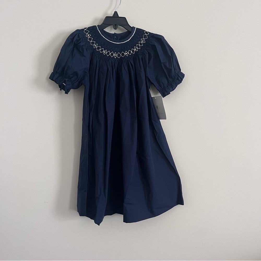 Remember Nguyen Girls Navy Blue Smocked Bishop Dress Short Sleeve 6 NWT
